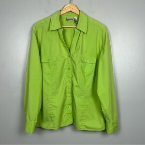 Chico’s green cotton poly spandex blend button front long sleeve shirt, XL.